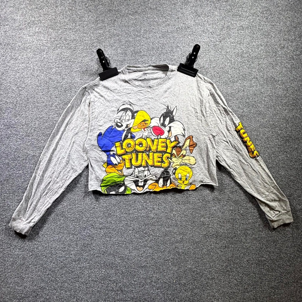 Looney Tunes Women Gray Crop T-Shirt Large Bugs Bunny Tweety Graphic Long Sleeve